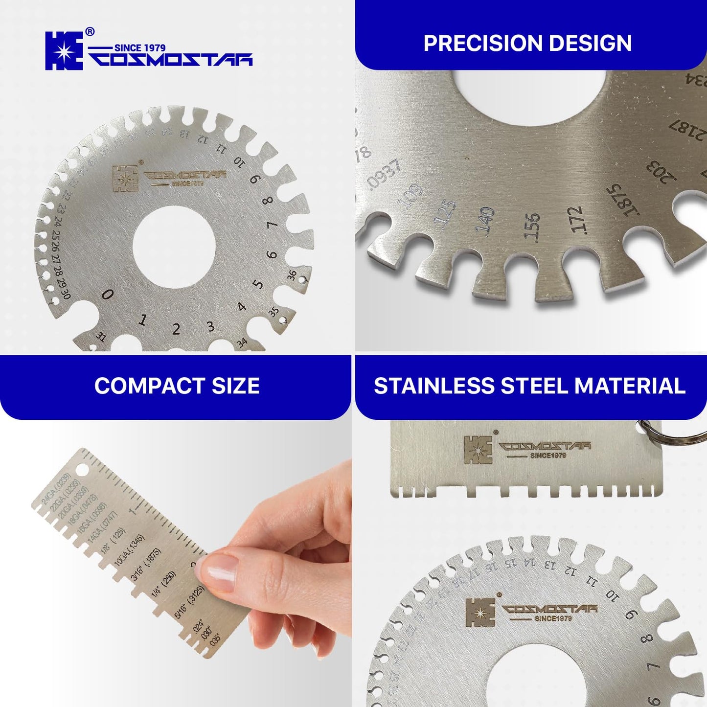 Cosmostar 2 Pcs Stainless Steel Welding Gauge Set – Wire & Metal Sheet Thickness Gauge, 25-3,000 um Wet Film Comb + Dual-Sided Round Wire Cable Gauge for Welding Material & Sheet Measurement