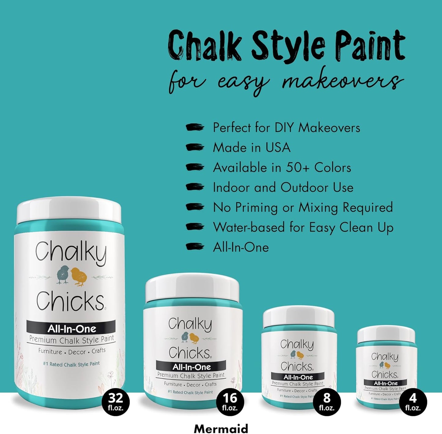 Chalky Chicks All-in-One Chalk Paint for Furniture or Cabinet - 8 Fl Oz - Matte Finish Mermaid (Green Teal) for Metal, Wood Furniture Paint - No Sanding All-in-One for Home Decor & Crafts, USA Made