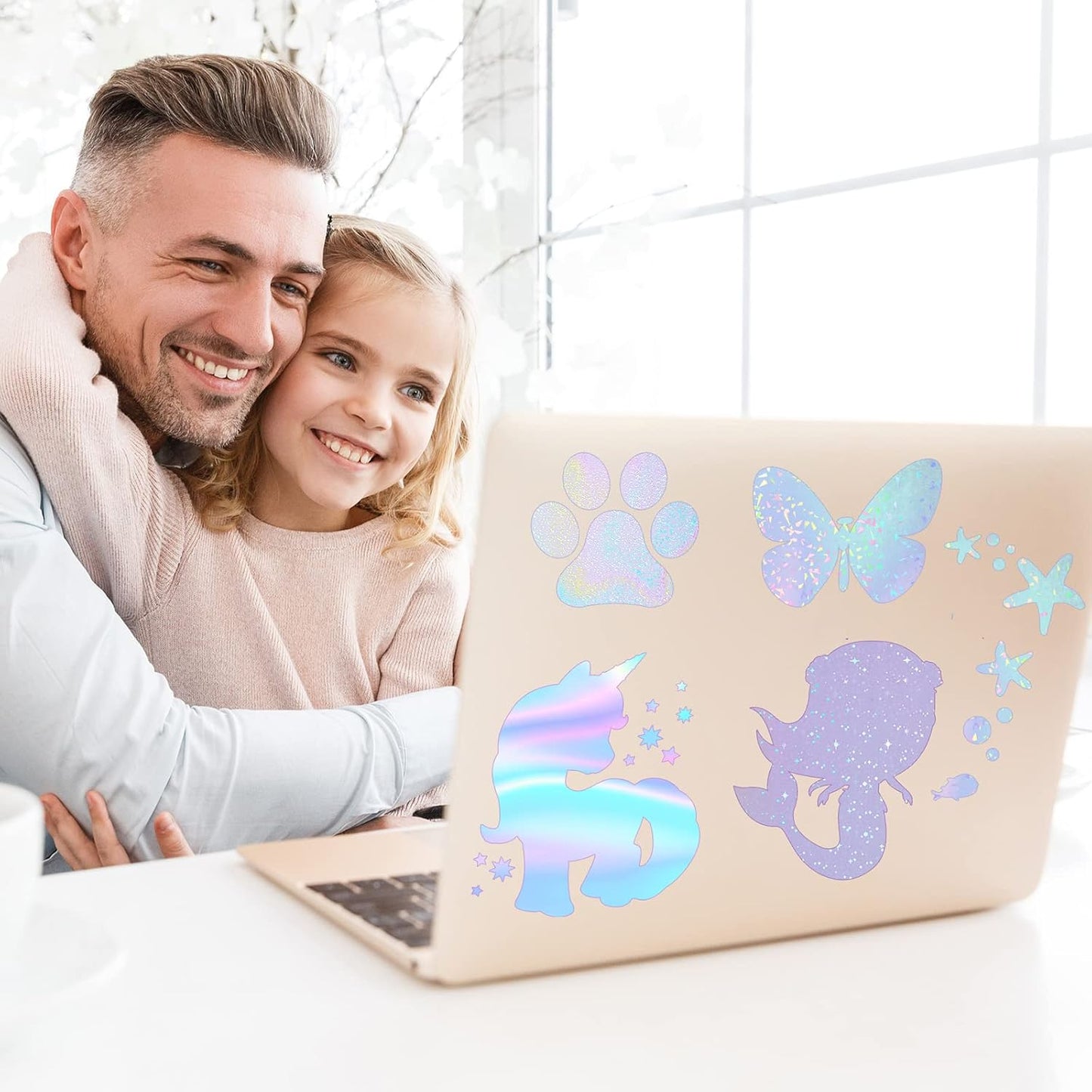 108 Sheets Holographic Sticker Paper Clear A4 Vinyl Sticker Laminate Sheets Adhesive Holographic Overlay Waterproof Transparent Film with Gem, Colorful, Dot, Star, 11.7 x 8.3 Inch