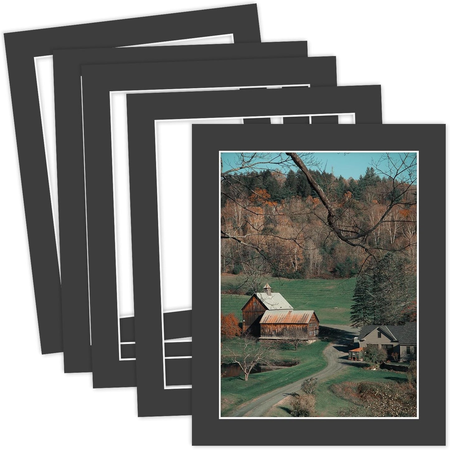 MBC Mat Board Center, 5 Pack 11X14 for 9X12 Black Picture Mats Frame Mattes, Bevel Cut, Acid Free, 4-Ply Thickness