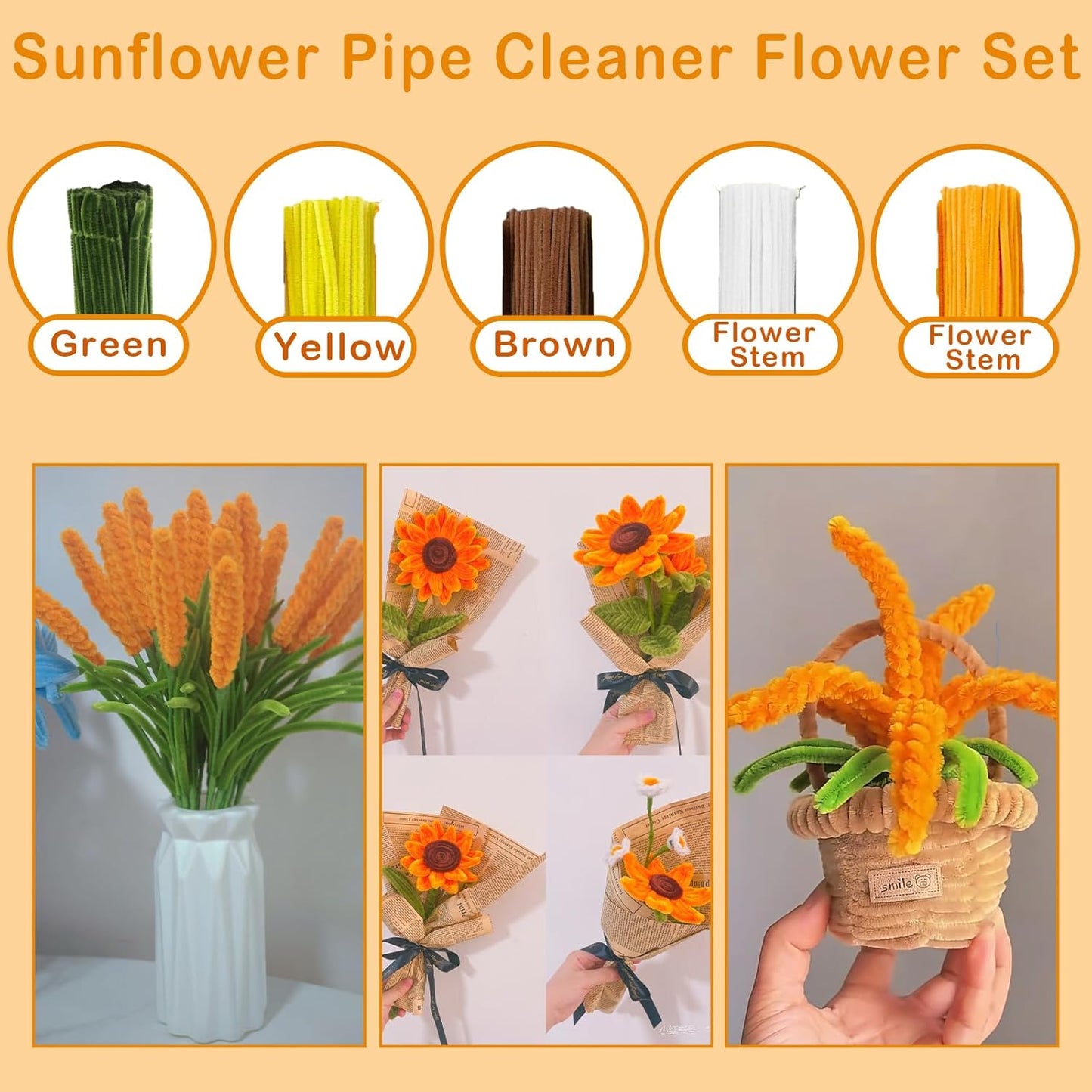 600Pcs Pipe Cleaners Craft,Multiple Assorted Colors Pipe Cleaners Bulk, Chenille Stems for DIY Flower Making Kit with Floral Wires, Gardening Tape,Stamen& Ribbon (Yellow)