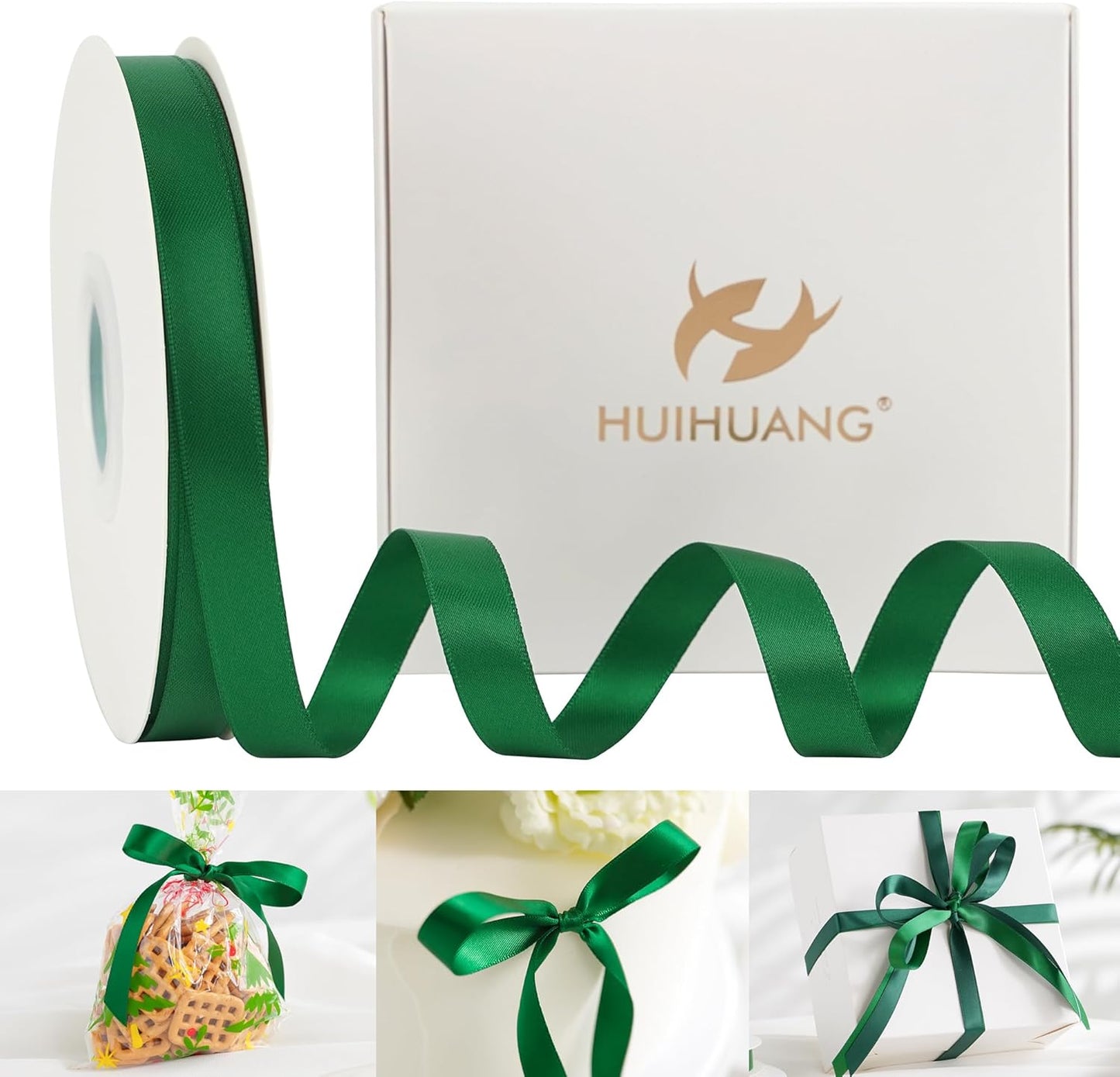 HUIHUANG Forest Green Satin Ribbon 1/2 inch X 50 Yards Continuous, Green Double-Faced Satin Ribbon for Gift Wrapping, Bows, DIY Crafts, Flower Bouquet, Holiday Home Decor