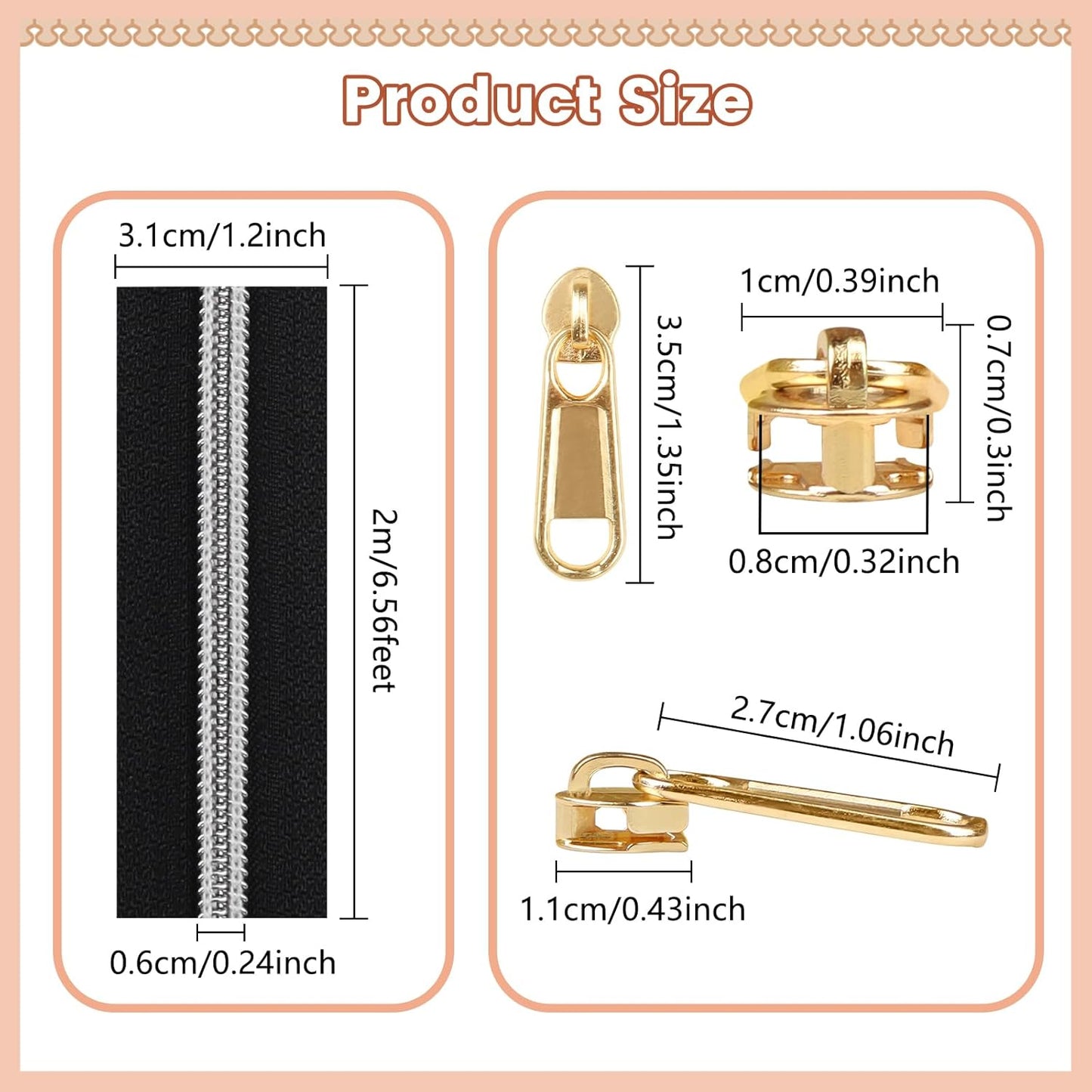 DOITEM 17.8 Yards Endless Zippers by The Meter Black White Zipper 6 mm Spiral + 32 Nonlock Zippers (Gold Silver Rose Gold)