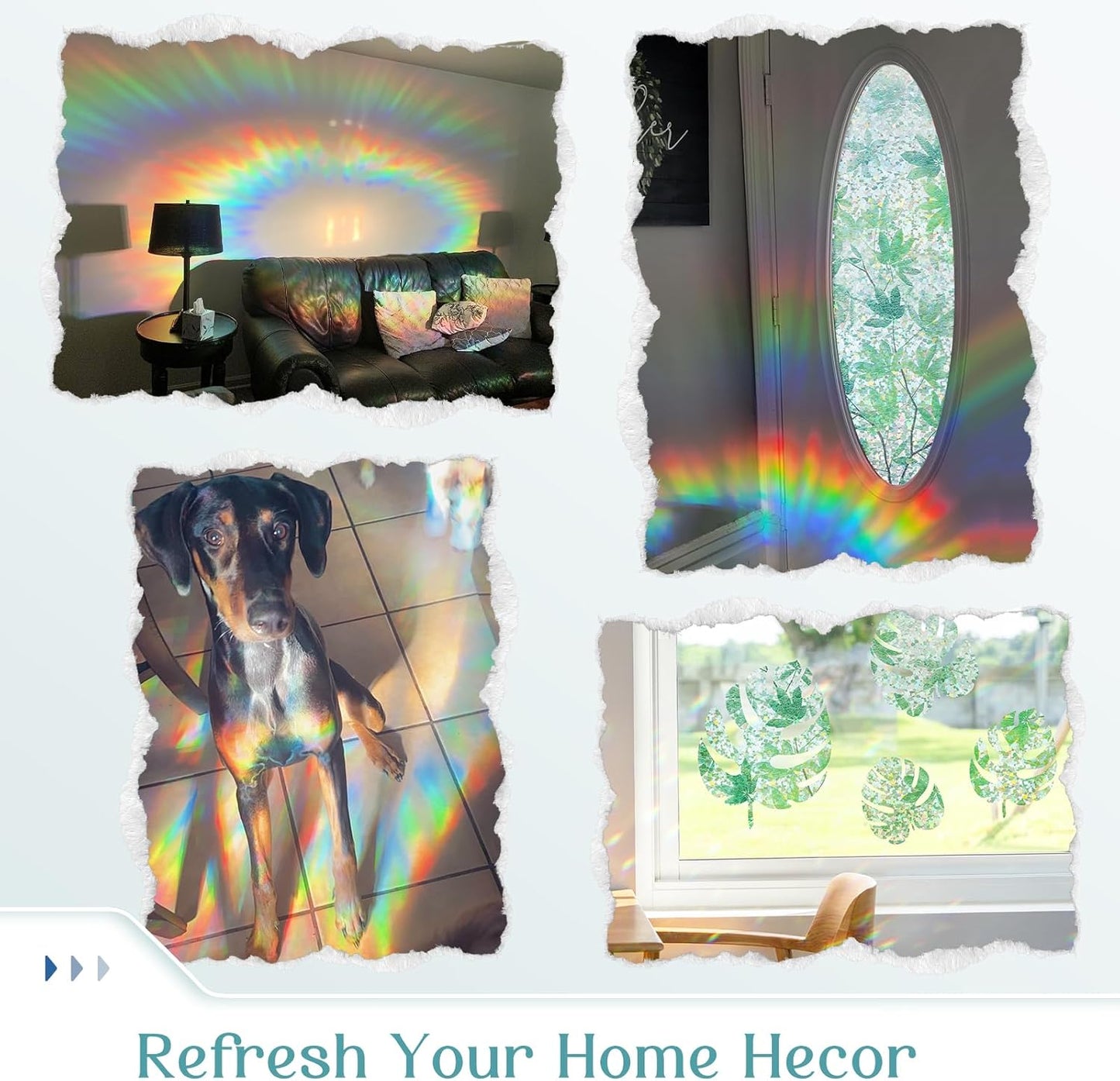 Haton Window Privacy Film, Decorative Stained Glass Window Clings, 3D UV Sun Blocking Sticker, Removable Static Cling Heat Control Tint for Home Door, Leaf Rainbow, 17.5" x 78.7" Non-Adhesive