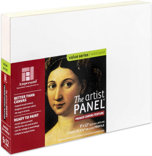 Ampersand Art Supply Wood Gesso Art Painting Panel: Canvas Texture, 1.5 Inch Cradle, 9" x 12"