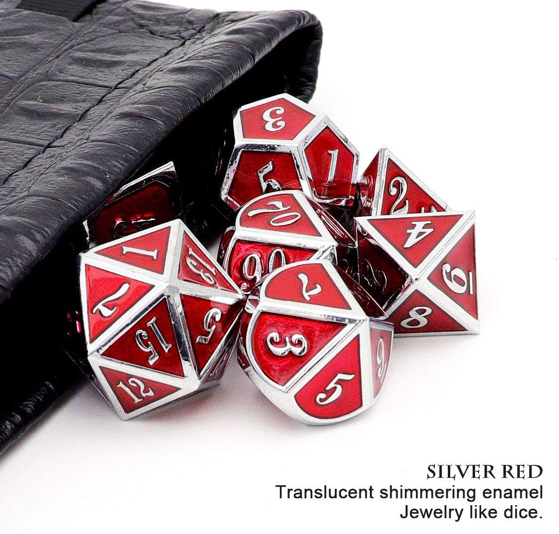 Haxtec Metal Dice Set D&D Red Silver DND Dice Set for Dungeons and Dragons RPG Games Leather Dice Bag DND Gifts-Glossy Enamel Dice (Silver Red)