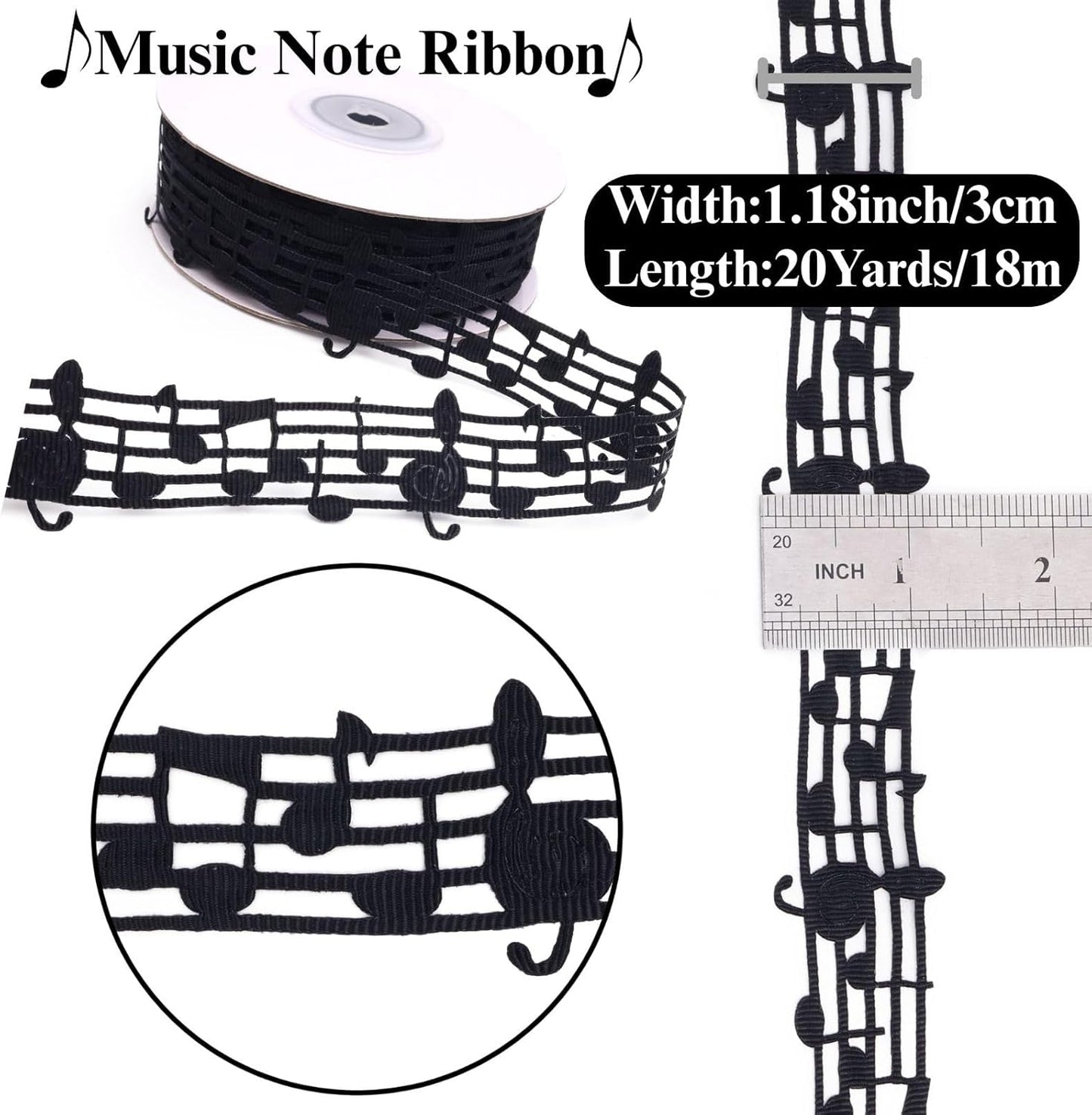 Black Music Note Ribbon Grosgrain Ribbon Notation Craft Music Accessories Trim for Homecoming Mum Supplies Christmas (20 Yards/Roll)