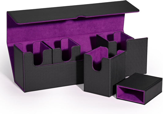 Card Deck Box with Dice Tray for MTG, 5 in 1 Card Deck Case Holds 800+ Unsleeved Cards, Strong Magnet Organizer Compatible with Yugioh TCG Sports Cards (Black Purple)