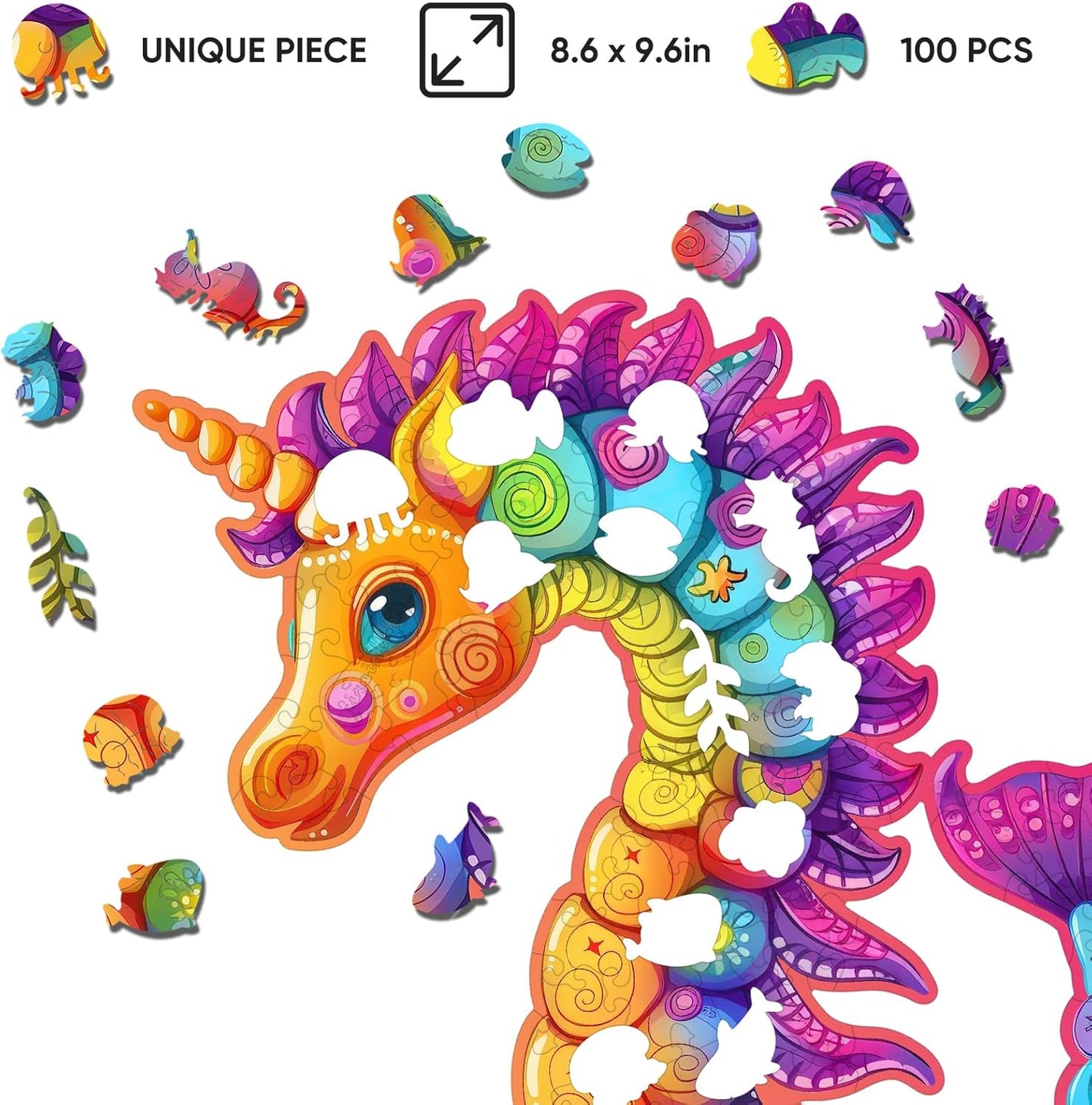 Wooden Puzzles for Adult and Kids, 100 Pieces Ocean Puzzle, Unique Shaped Seahorse Wooden Preschool Puzzle, Toddler Wooden Puzzle Toy Gift for Family and Friends, Suitable for Family Games