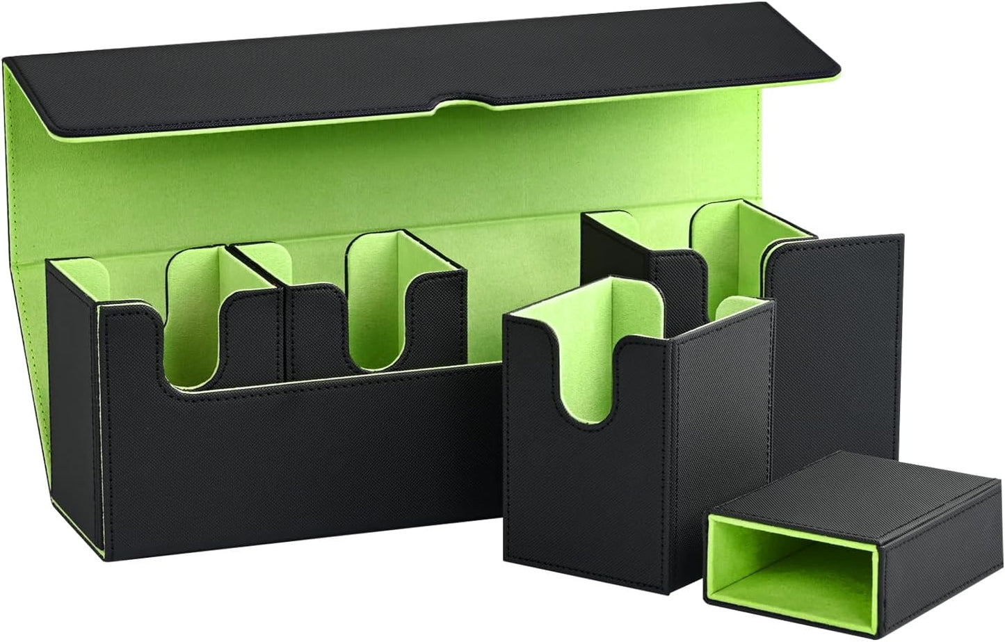 Card Deck Box with Dice Tray for MTG, 5 in 1 Card Deck Case Holds 800+ Unsleeved Cards, Strong Magnet Organizer Compatible with Yugioh TCG Sports (Black Green)