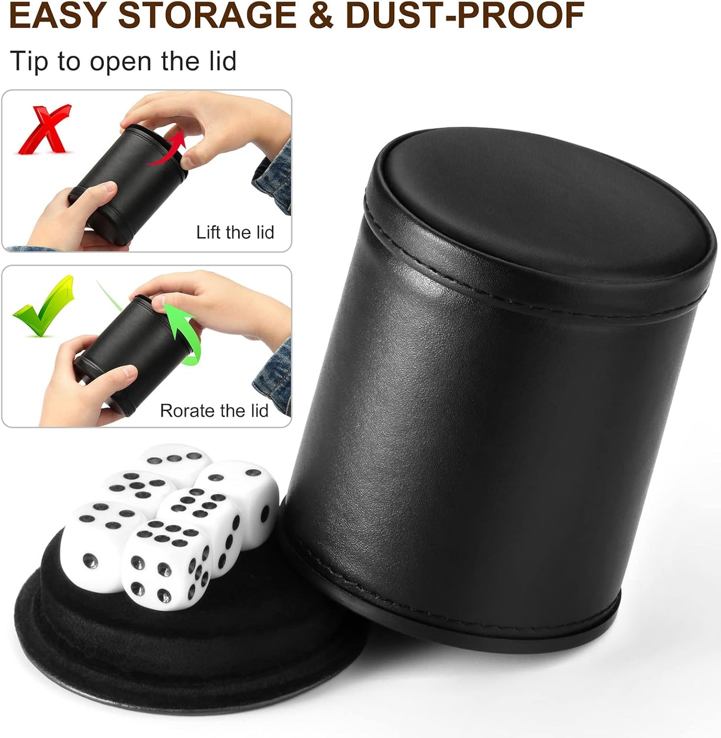 Felt Lined Dice Cup PU Leather Set, Quiet Shaker for Dice Board Family Games Yahtzee Farkle, Set of Six 16mm Rolling Dice Included