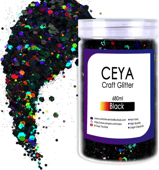 Ceya Holographic Chunky Glitter, 1 LB/ 16OZ Laser Black Bulk Craft Glitter Mixed Chunky Fine Glitter Bottled Metallic Flake Nail Sequins for Resin, Tumblers, Scrapbooking, Festival Decor, Art Project