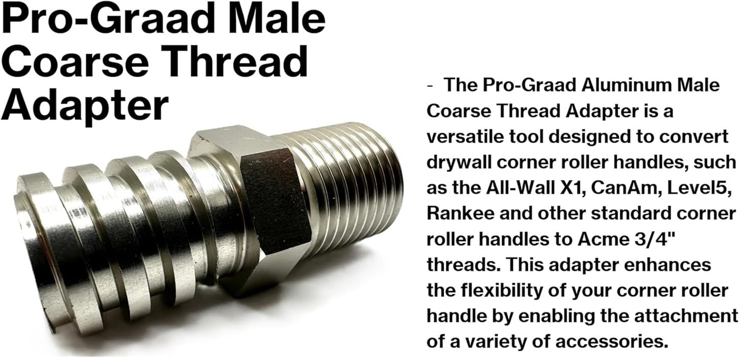 Aluminum Male Coarse Thread Adapter - Converts Drywall Corner Roller Handle to Acme 3/4" Threads to fit Paint Rollers, Stipple Brushes, Brooms, Mops & More - Lightweight & Durable