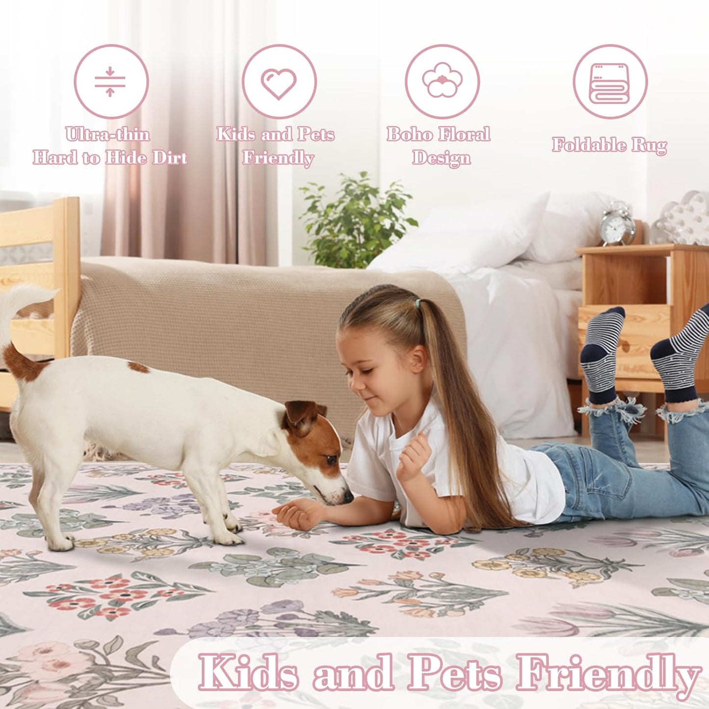 Wonnitar Floral Print Rug for Bedroom, Pink Boho Washable 8x10 Rug Ultra-Thin, Non Slip Soft Large Moroccan Trellis Floor Carpet for Living Room Girls Nursery Kids Playroom, Pale Pink