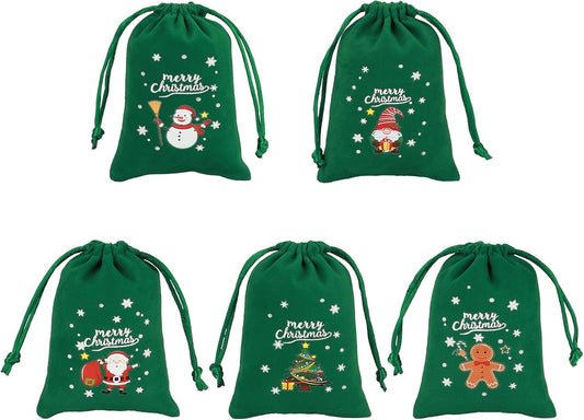 Tapleap Christmas Bags with Drawstring - 50Pcs 3x4 Green Velvet Coth for Wrapping Christmas Party Favors or Gifts for Friends, Children, Customers