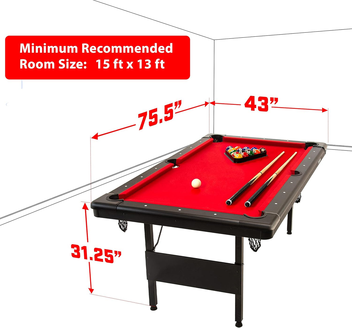 GoSports 6, 7, or 8 ft Billiards Tables - No Assembly, Choose Your Color - Portable Pool Table Includes Full Set of Balls, 2 Cue Sticks, Chalk and Felt Brush