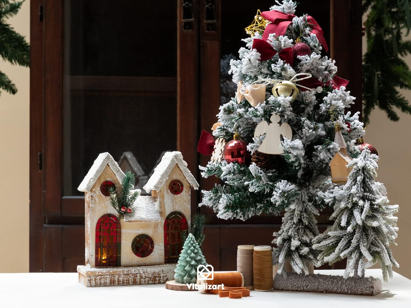 Vitalizart Fall Velvet Ribbon Set 3/8" x 15 Yd Wooden Spool Fabric Trim 3 Rolls * 5 Yd for Christmas Wreath Decoration Handmade Craft Ornaments Gift Wrapping & Bow Making