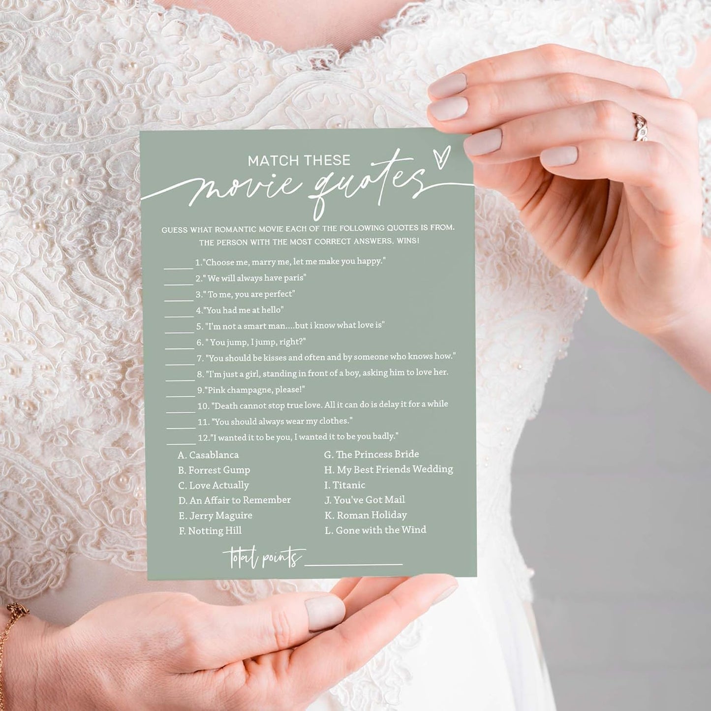 Bridal Shower Games Cards, Match These Movie Quotes, 25 Game Cards with 1 Answer Card, Engagement Party Wedding Games for Guests, Minimalist Green Wedding Party Supplies - C09