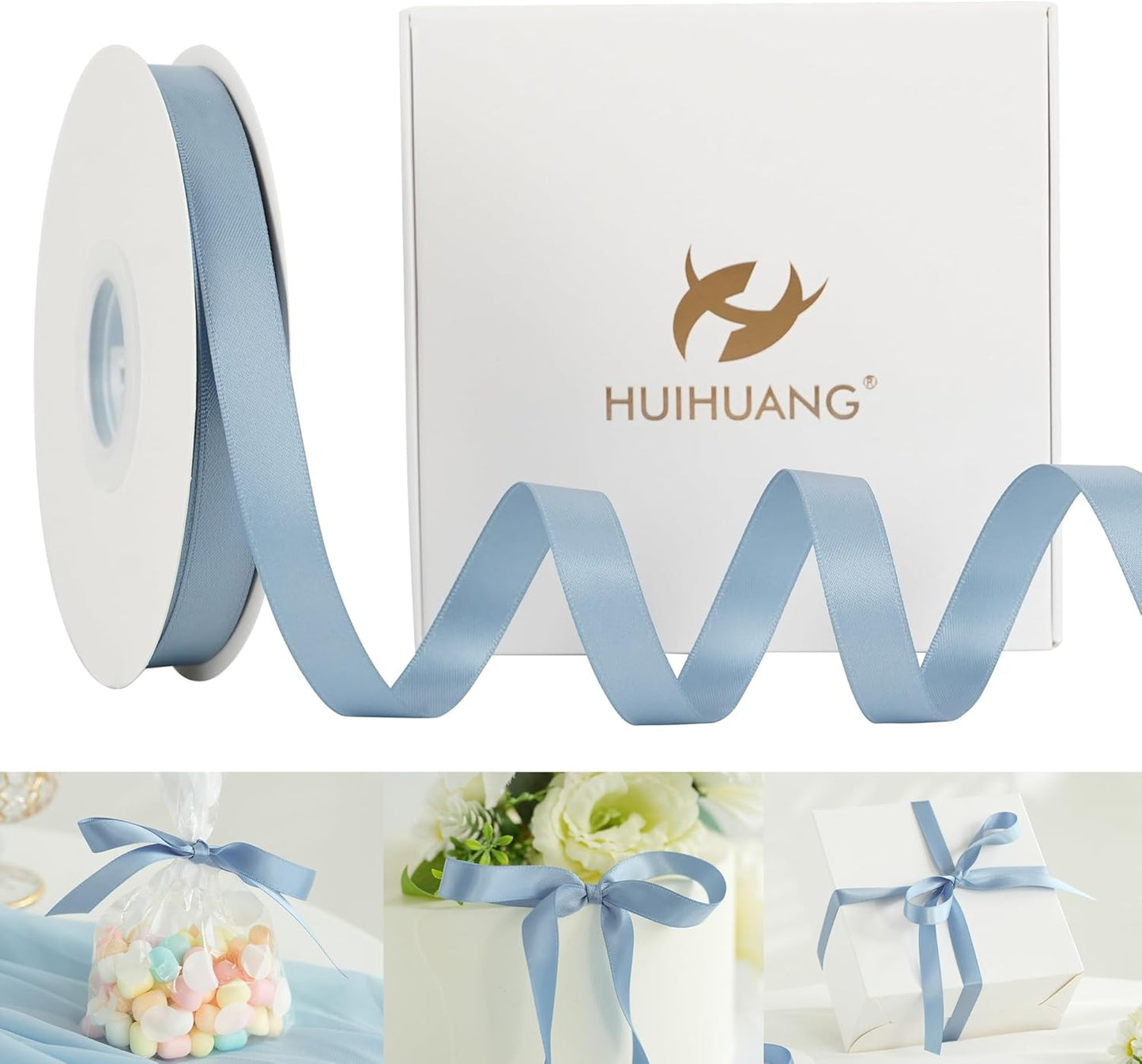 HUIHUANG French Blue Satin Ribbon 1/2 inch X 50 Yards Continuous, Dusty Blue Double-Faced Satin Ribbon for Gift Wrapping, Bows, DIY Crafts, Flower Bouquet, Bridal Wedding Decor, Flower Crowns