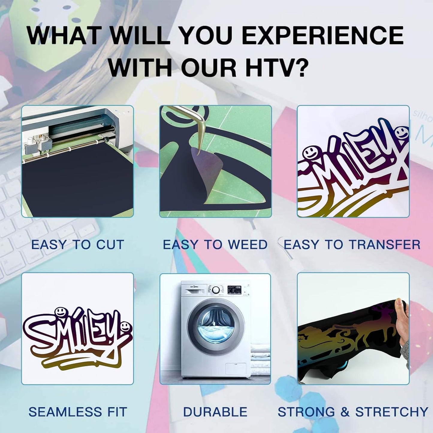 HTVRONT Reflective HTV Heat Transfer Vinyl Roll - 12" x 8ft Reflective Iron on for Shirts, Reflective HTV for Cricut & Cameo - Easy to Cut & Weed for Heat Design (Reflective Rainbow)