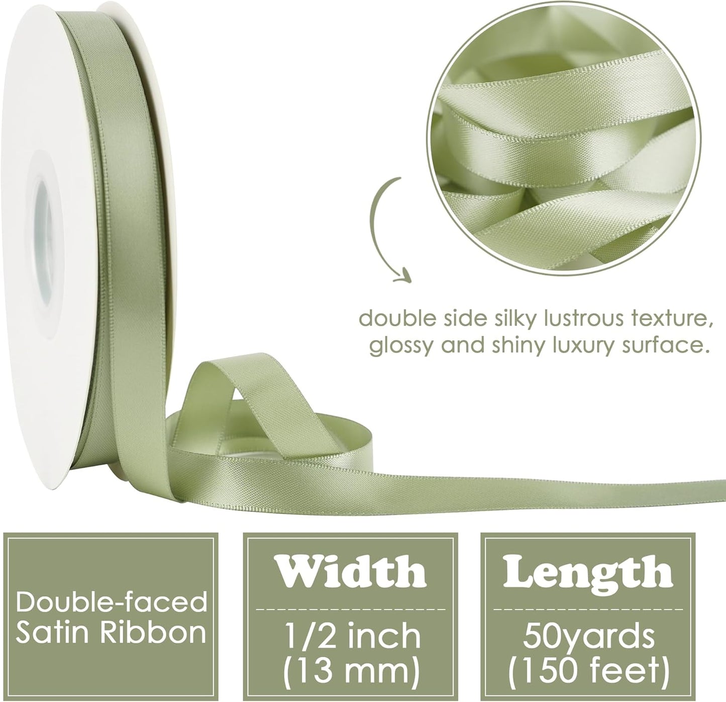 HUIHUANG Sage Green Double Faced Satin Ribbon 1/2 inch X 50 Yards Continuous, Dusty Sage Satin Ribbon for Gift Wrapping, Bows, DIY Crafts, Flower Bouquet, Bridal Shower Wedding Decor