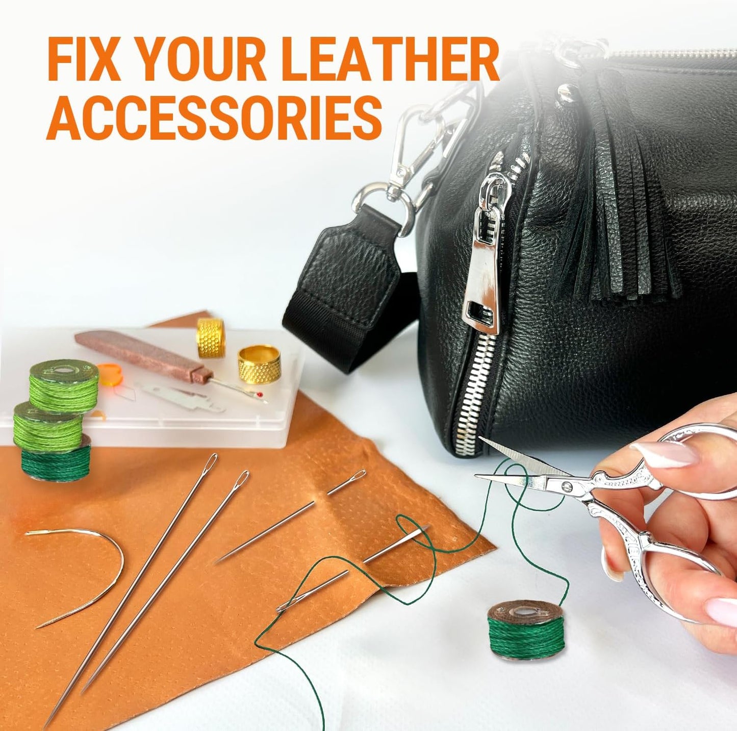 VONEEDL Heavy Duty Sewing Needles (11 PCS) & Waxed Thread (4 Green Colors) - Upholstery Repair Kit for Leather, Canvas, Quilting & More