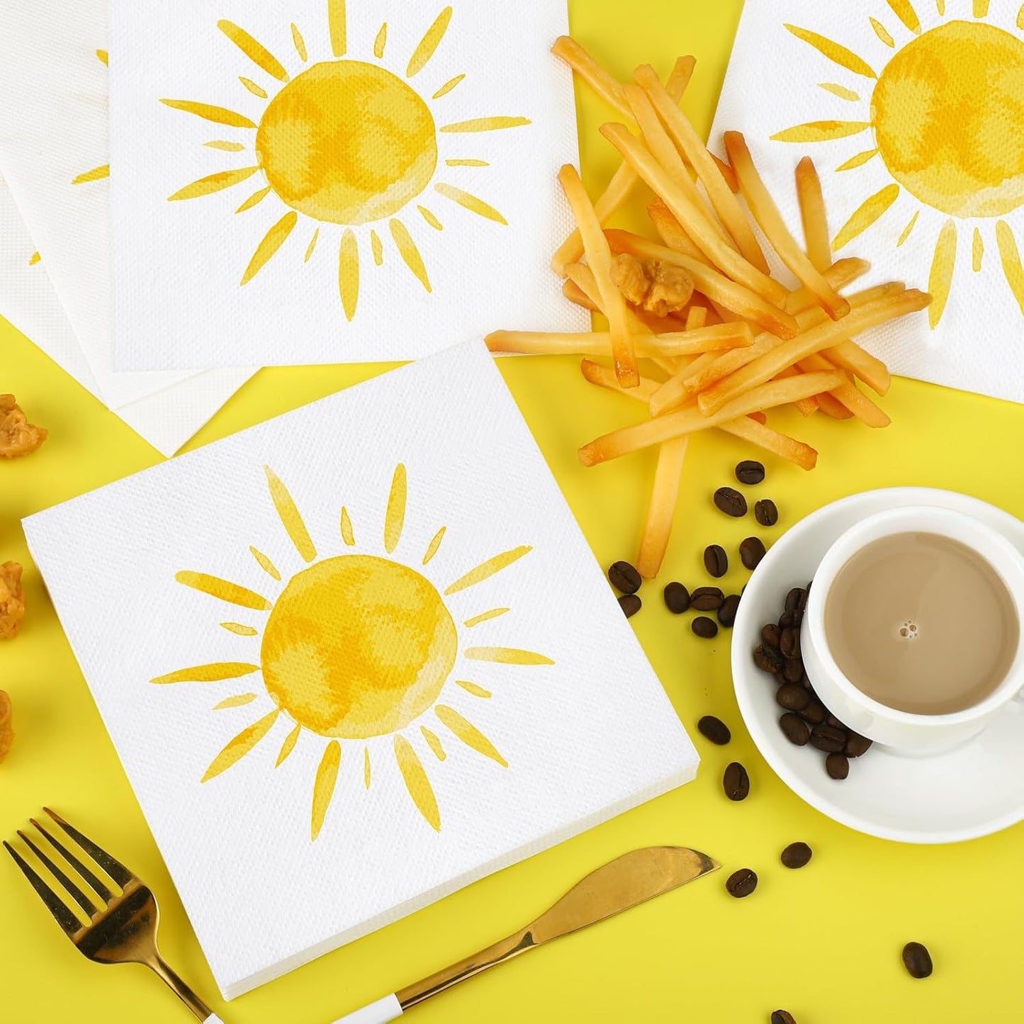 Aodaer 48 Pieces Disposable Sun Paper Napkins Sunshine Birthday Decorations Sun Party Napkins Cocktail Dinner Napkin Set 13" x 13" Unfolded Tableware Napkins for Sun Birthday Party Supplies