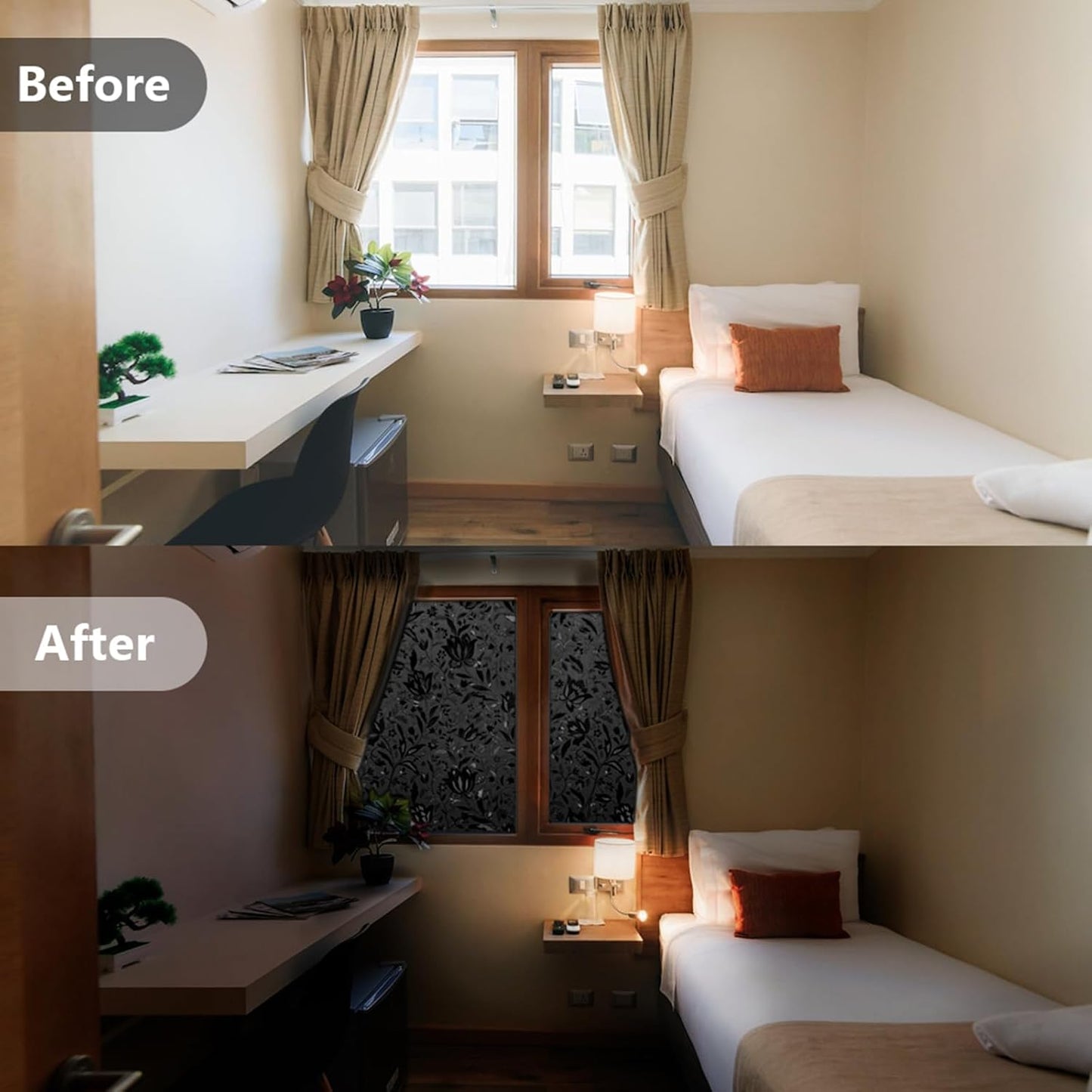 LEMON CLOUD Total Blackout Window Film Privacy Static Cling Frosted Black Window Covering 100% Opaque Film Tint Darkening Removable Film for High Privacy，(Blackout Tulip Design,23.6 x78.7 inches)