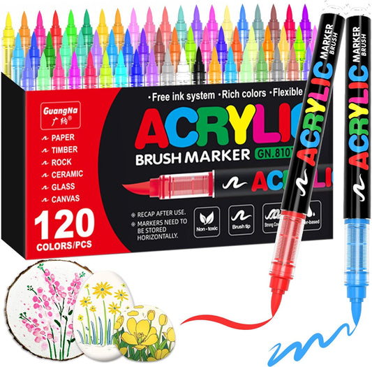 Guangna Acrylic Paint Markers,120 Colors with Direct-Liquid Ink Control System, Professional-Grade Paint Pen for Rock Painting, Canvas, Glass, Plastic, Fabric & Creative Crafts