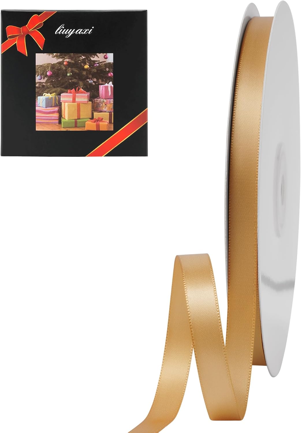 LIUYAXI Old Gold Double Faced Satin Ribbon, 3/8" X Continuous 100 Yards, Ribbons Perfect for Gift Wrapping Bows Bouquet Wedding Decor DIY Craft and More