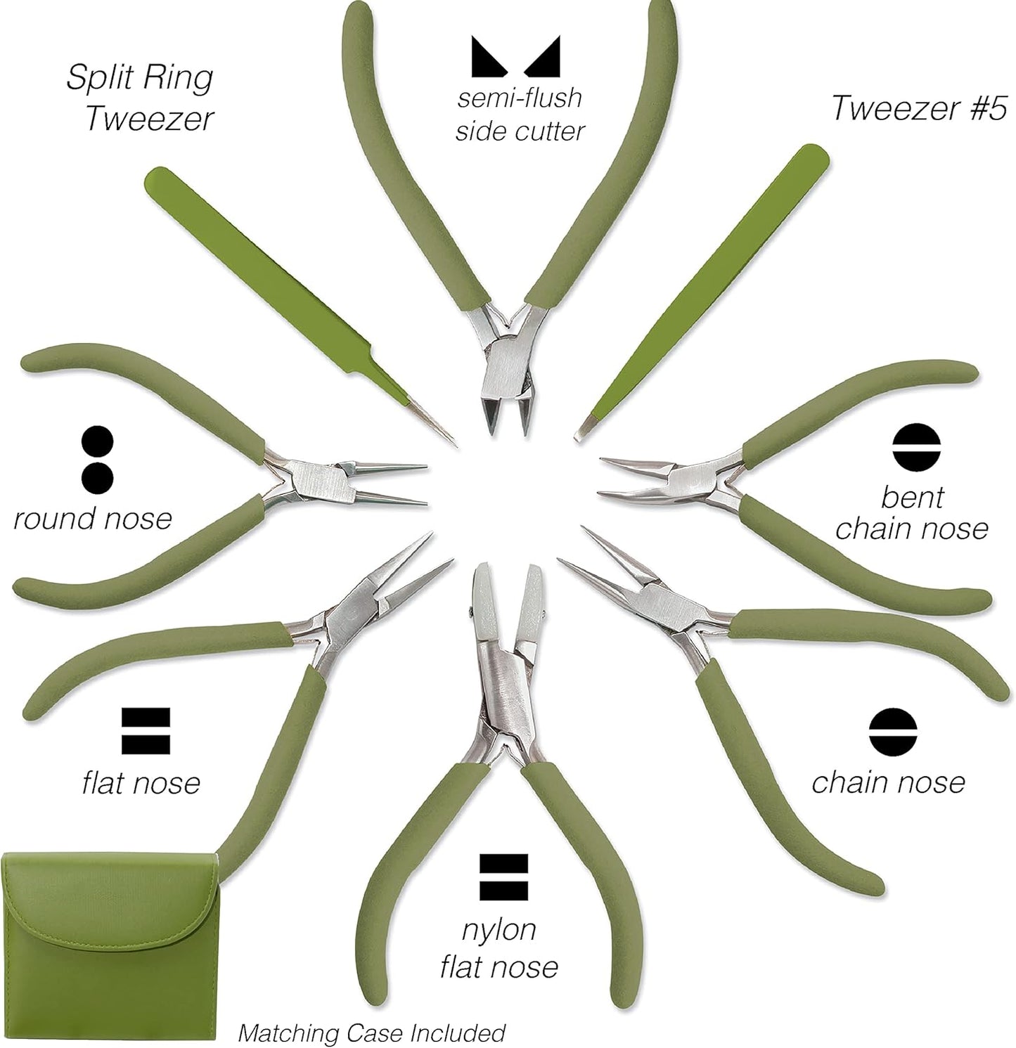 The Beadsmith Fashion Color Pliers – Set of 8 Slimline Color-Coordinated Tools – Matching Clutch in Olive – Jewelry Making Supply Kit to Create Necklaces, Bracelets, Earrings & More