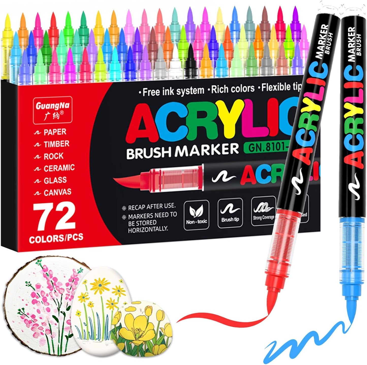 Guangna Acrylic Paint Markers,72 Colors with Direct-Liquid Ink Control System, Professional-Grade Paint Pen for Rock Painting, Canvas, Glass, Plastic, Fabric & Creative Crafts