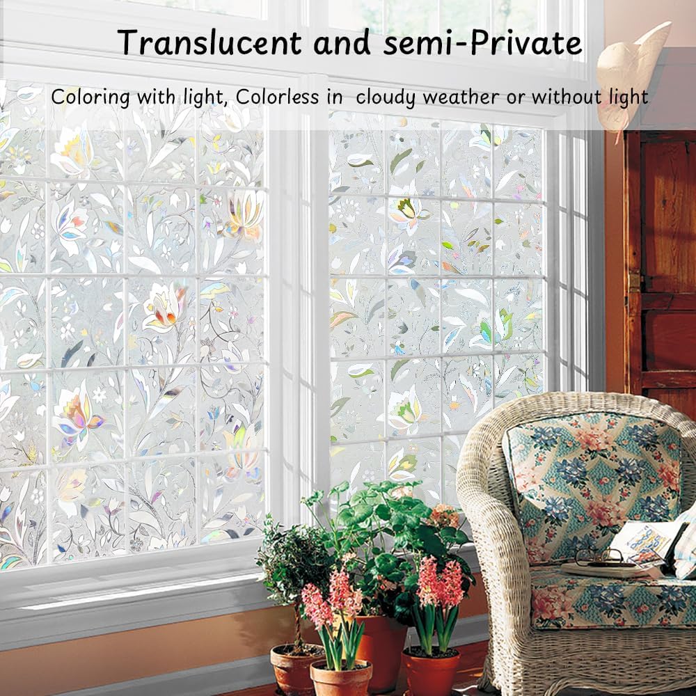 NINETREX Window Privacy Film,3D Stained Glass Window Film,Decorative Window Covering Sun Blocking Vinyl Static Cling Anti-UV Heat Control for Home Decor,Tulip 35.4 x 118.1inch