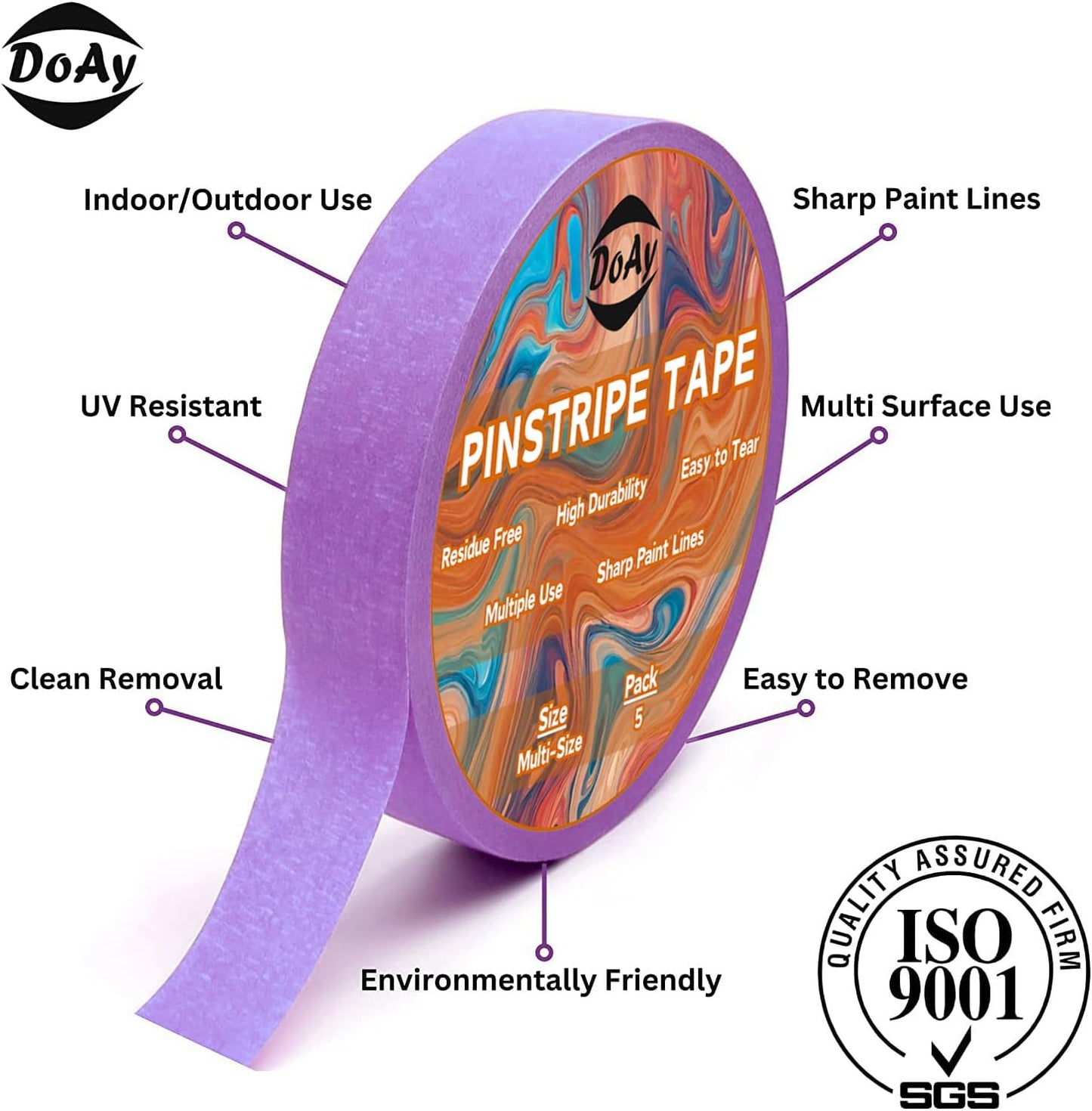 5 Rolls Pinstripe Tape - Masking Tape 1/16", 1/8", 1/4", 1/2", 3/4" - Thin Painters Masking Automotive Tape for DIY, Car, Auto, Paint, Art, Tumblers (Purple)