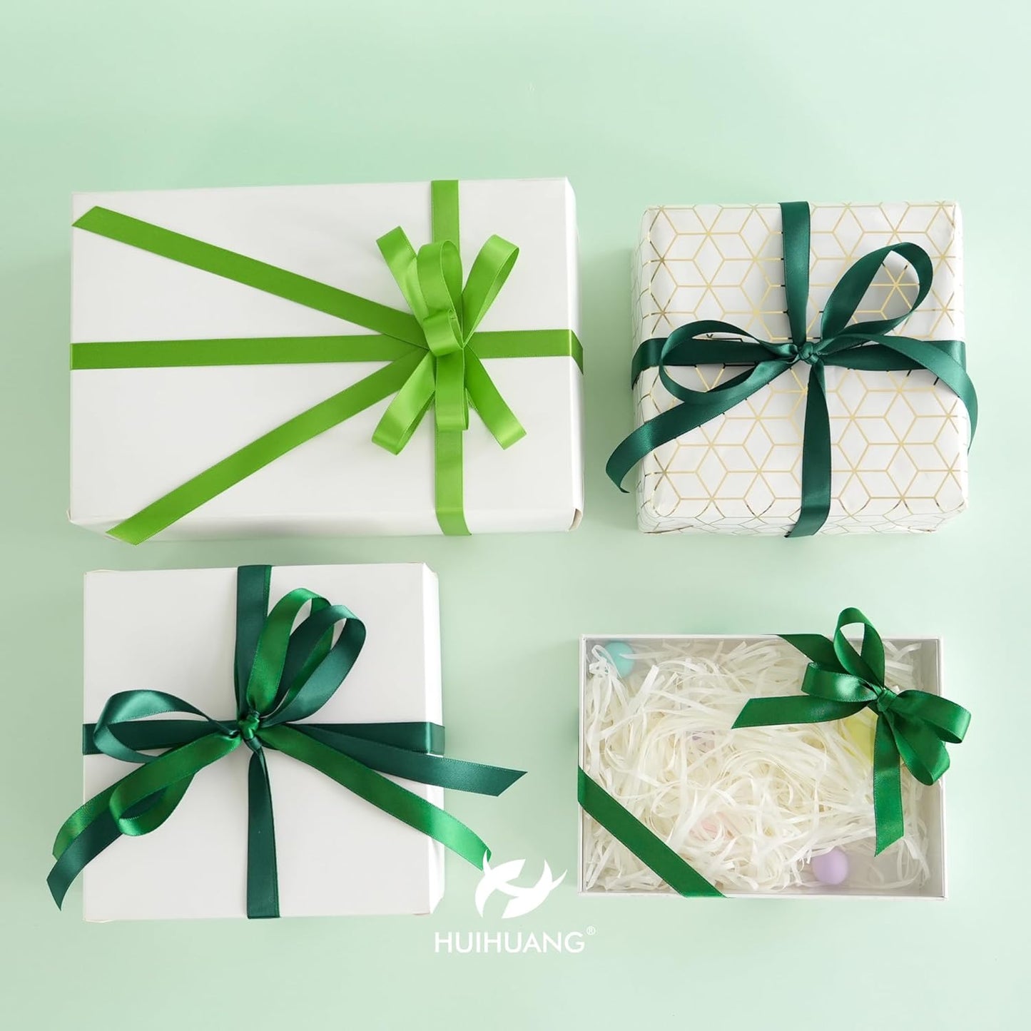 HUIHUANG Forest Green Satin Ribbon 1/2 inch X 50 Yards Continuous, Green Double-Faced Satin Ribbon for Gift Wrapping, Bows, DIY Crafts, Flower Bouquet, Holiday Home Decor