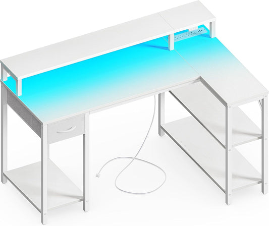 SUPERJARE 47 inch Reversible L Shaped Desk with LED Lights & Power Outlets, Computer Desk with Shelves & Monitor Stand, Gaming Desk with Drawer, Home Office Desk Corner Desk, PU White Drawer