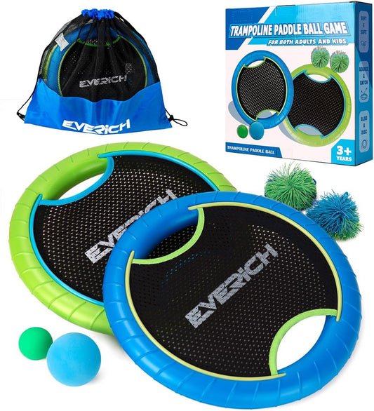 EVERICH TOY Trampoline Paddle Ball Set with 2 Bouncy Paddles & 4 Balls - Soft Foam Design for Kids Play Indoor Outdoor Beach Backyard Lawn - Great Gift Idea for Boys & Girls