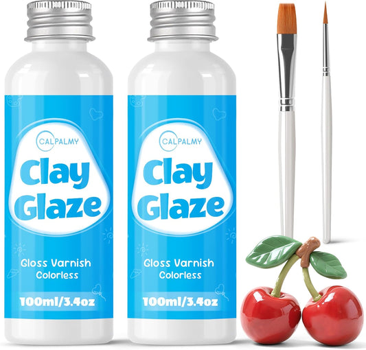 CALPALMY (2-Pack) 100ml Gloss Glaze Varnish Kit for Air Dry Clay Sealer, Waterproof, Gloss Finish - Prevent Cracking and Scratches for Clay, Pottery, Ceramics, Acrylic Paint