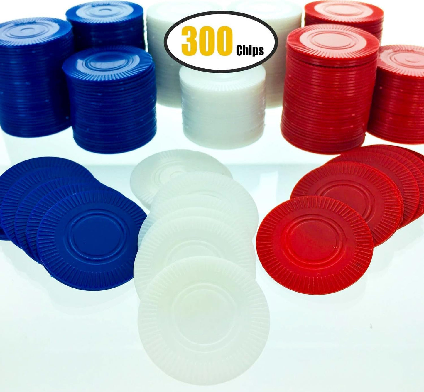 GiftExpress Lot of 300, Plastic Poker Chips for Kids Game Play, Learning Math Counting, Bingo Game, Red, White & Blue 100 pcs ea