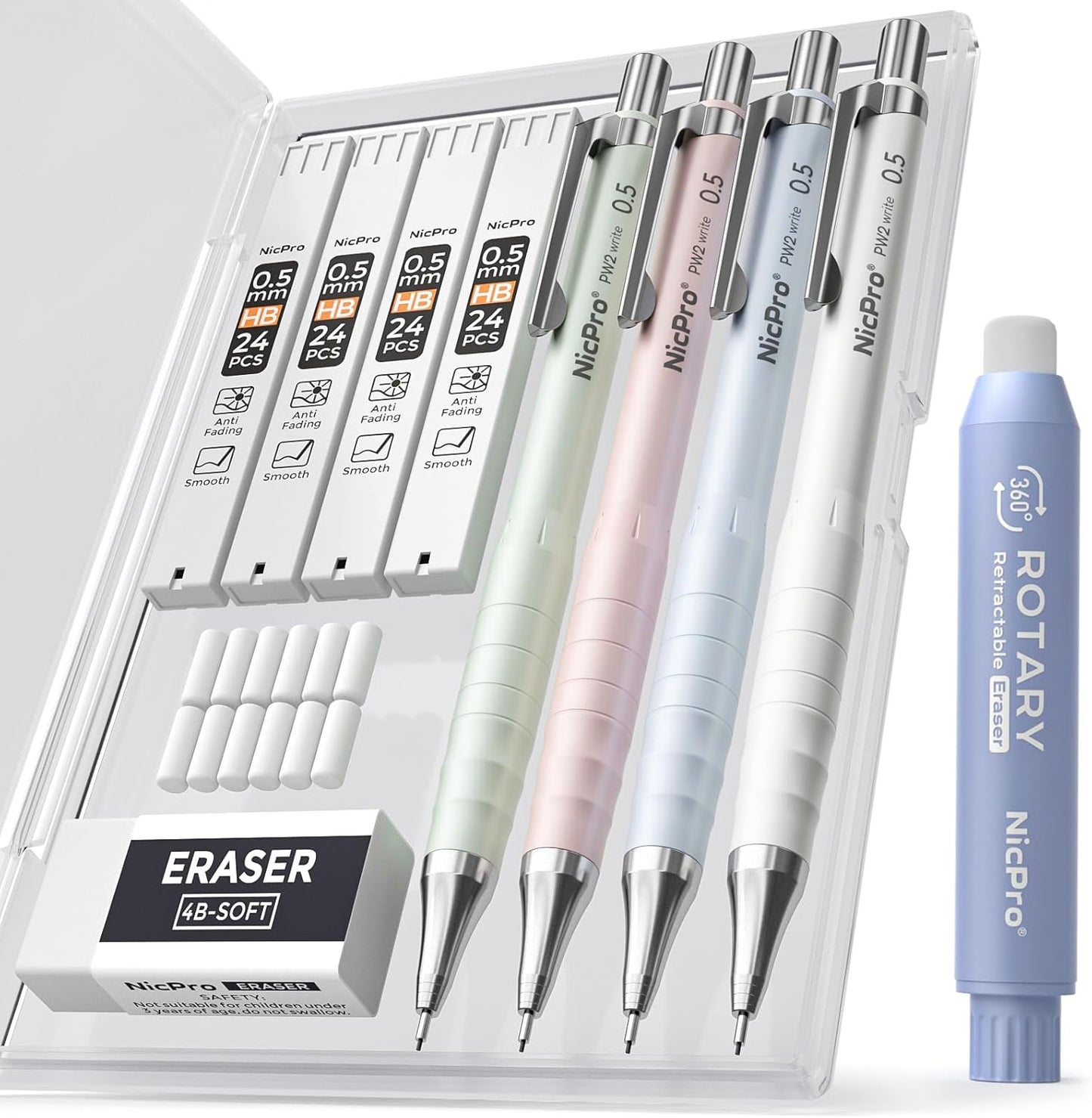 Nicpro Cute Mechanical Pencil Set, 4PCS 0.5mm Pastel Drafting Pencils with 4 Tube HB Lead Refills, 4B Erasers, Rotary Retractable Eraser and Eraser Refill for Writing Sketching Back to School Supplies