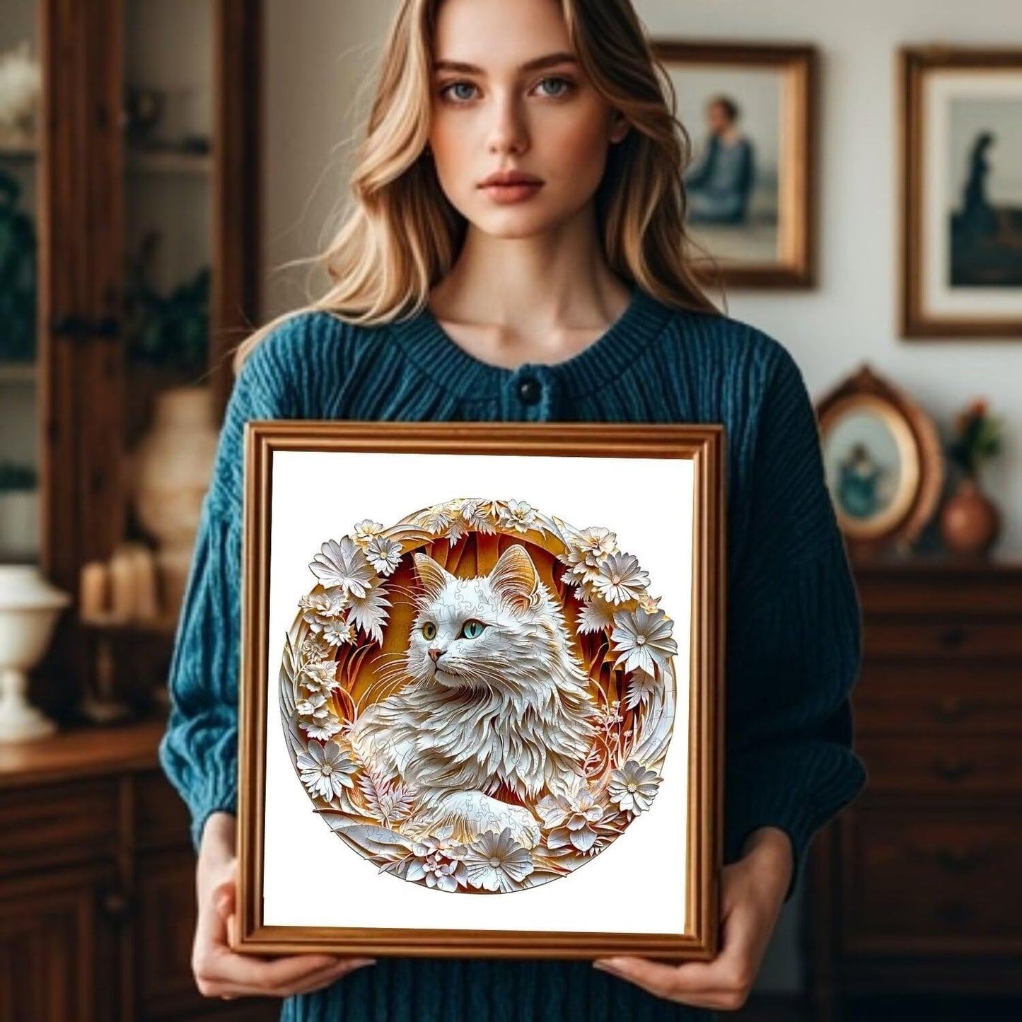 Wooden Puzzles Adults, 3D Cute Cat Wooden Puzzles 300 Pieces, Unique Animal Shaped Wood Challenging Jigsaw Puzzles Gifts for Adults, 13.4x13.4in