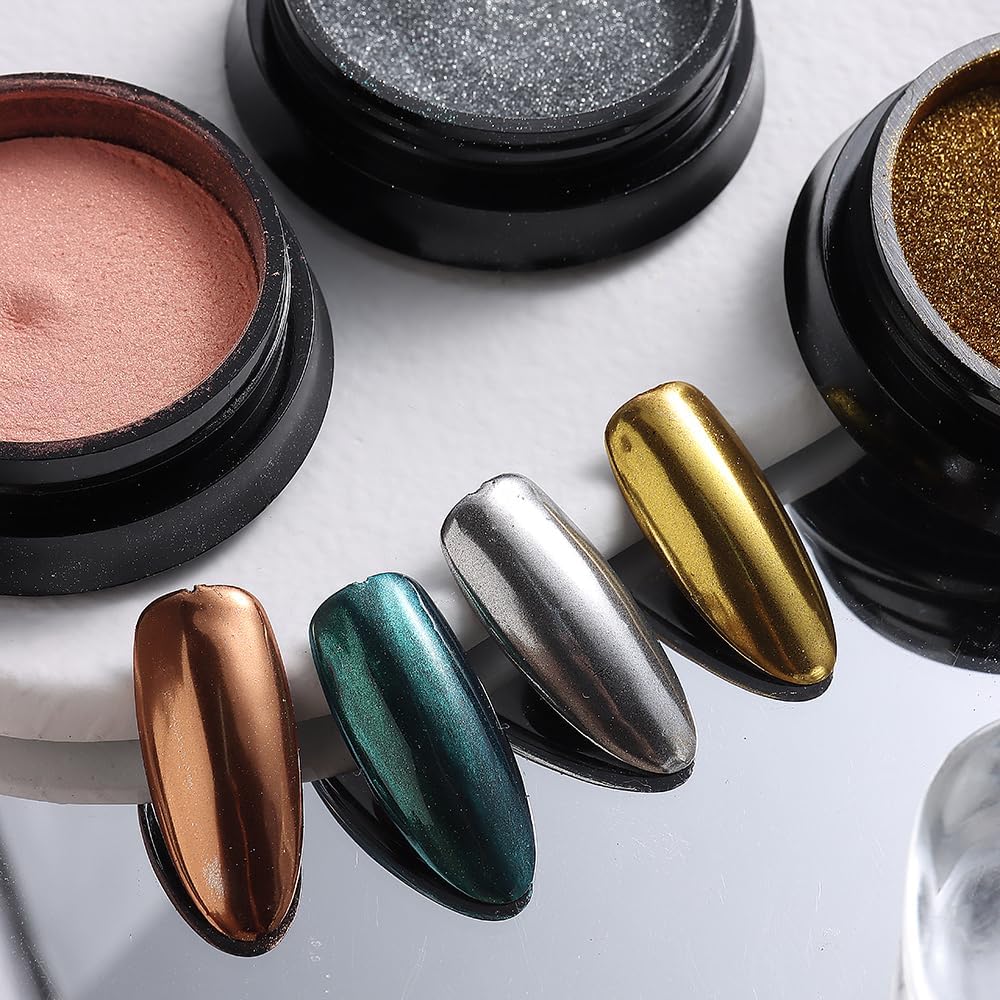 8 Jars Chrome Nail Powder Magic White Pearl Kit, Metallic Mirror Effect Holographic Glitter Iridescent Aurora Mermaid Pearl Pigment Dust Kit for Gel Polish Nail Art Decoration, Resin Craft