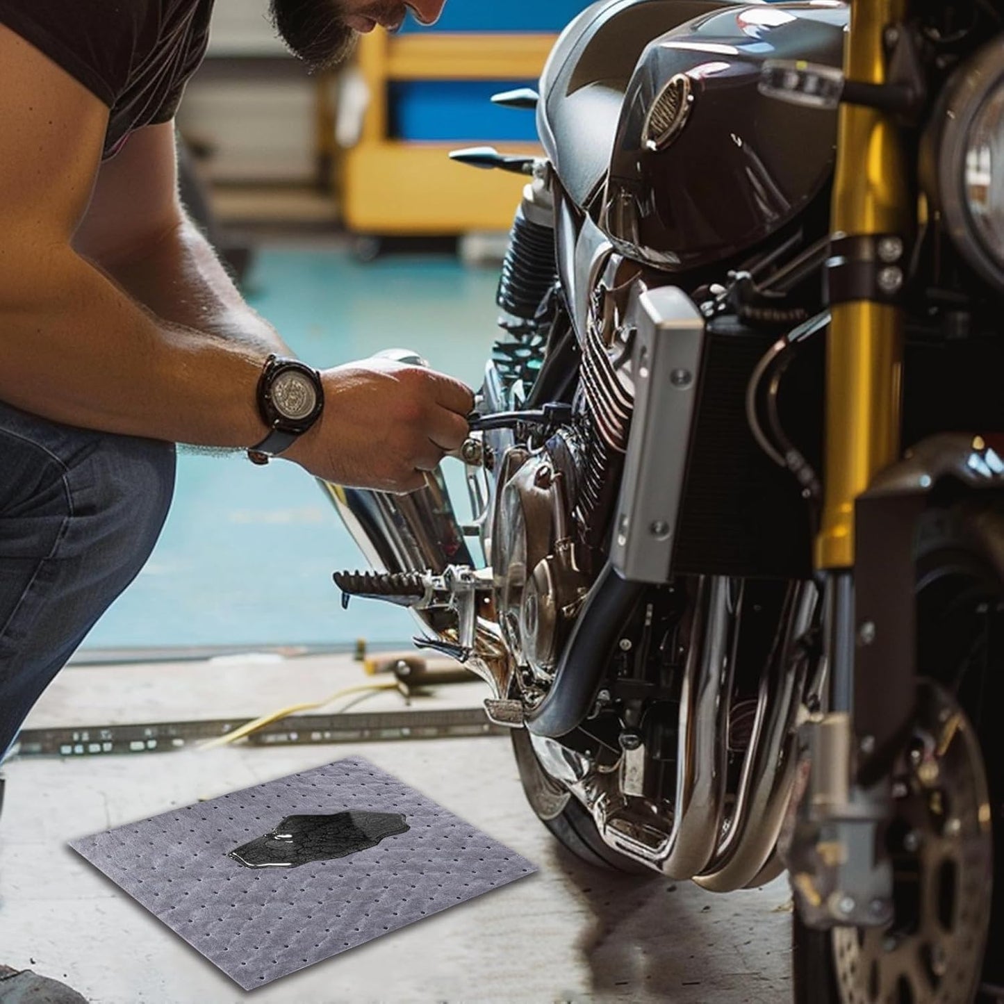 E-SDS Oil Absorbent Pads with Wall Hooks - 100-Pack (5x20) 13"x10" Reusable Liquid Spill Mats for Garage & Workshop - Super Absorbent Leak Control Pads (Grey, Boxed)