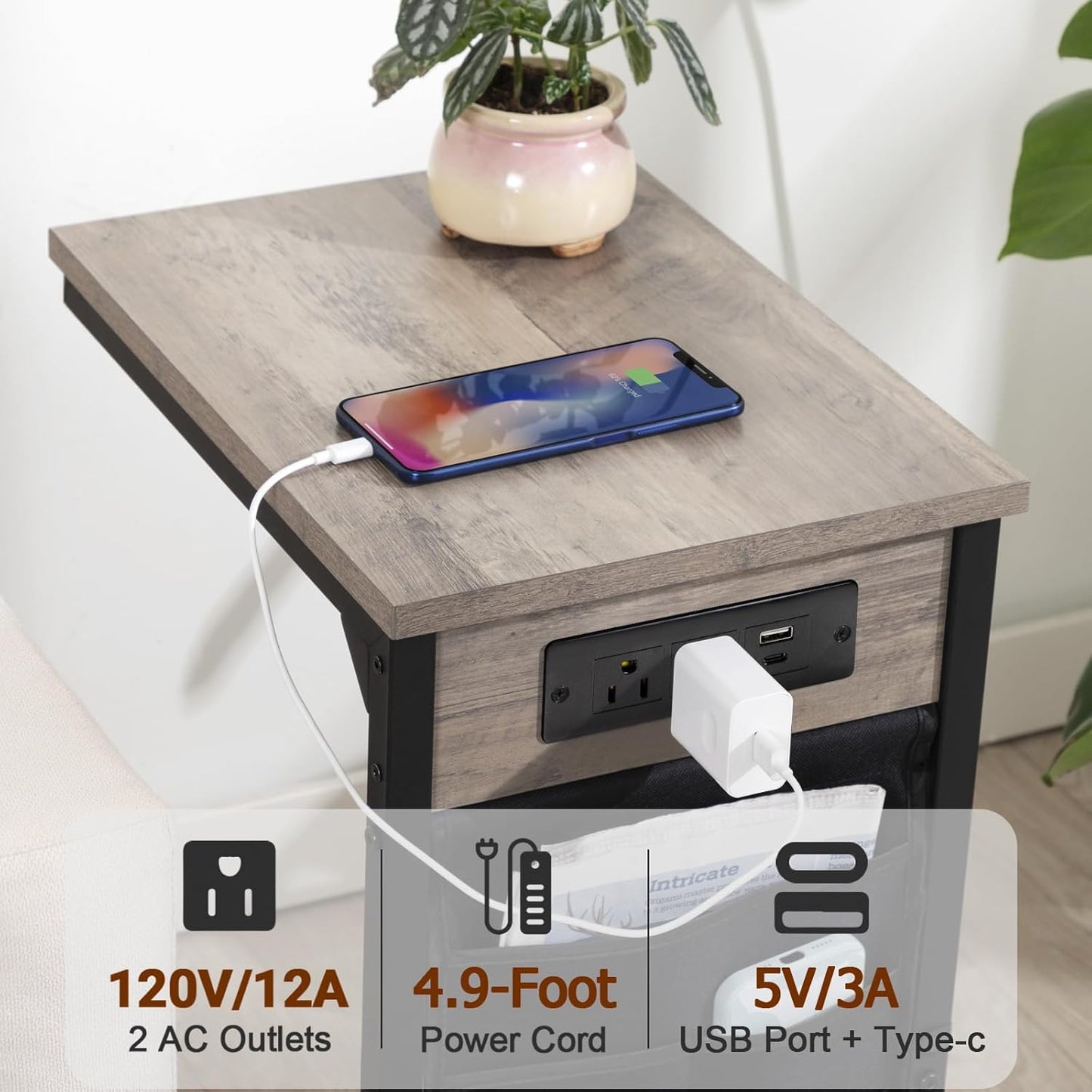 AMHANCIBLE C Shaped End Table with Charging Station, TV Tray Set of 2, Couch Tables with Storage Bag, Slide Under Sofa Side Table with USB Ports and Outlets for Living Room, Grey HET04CGY