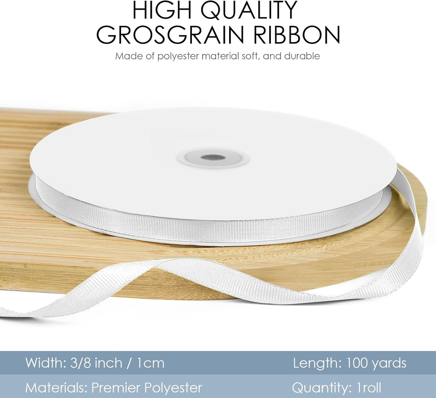 100 Yards 3/8 inch Grosgrain Ribbon, Solid Color Fabric Ribbon Perfect for Gift Wrapping, Wedding, Handmade Bows, Floral Bouquets and Party Decoration(White)