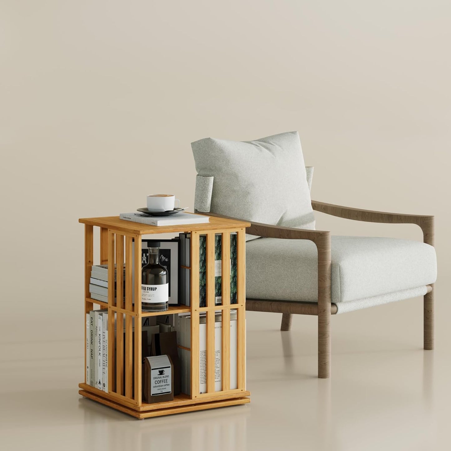 YOWOS Rotating Bookshelf Tower, 360 Display Spinning Bookcase, Bamboo Bookshelf Floor Standing Storage Rack, Wood Narrow Book Shelf Organizer for Kids&Adults (Nature, 2 Tier)