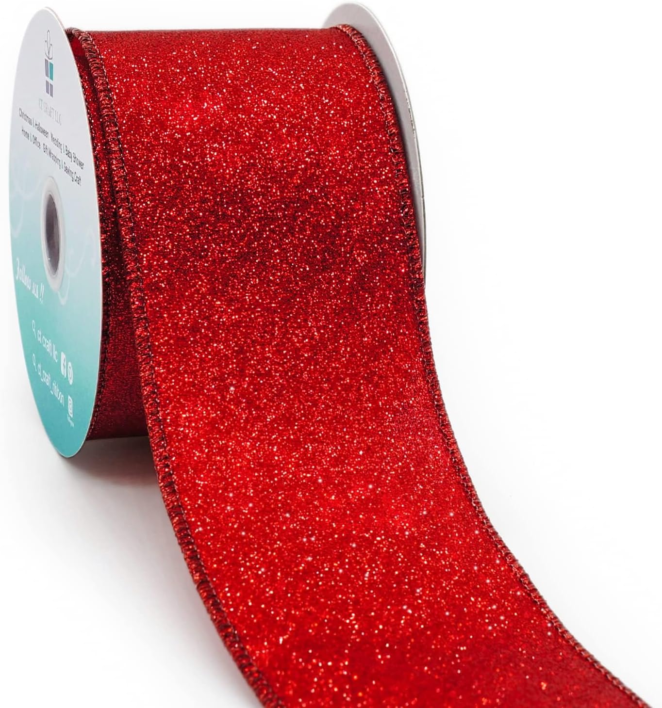 CT CRAFT LLC Glitter Wired Ribbon 2.5" x 10 Yards Red for Christmas Home Decor Bow Gift Wrapping DIY Crafts Wreath