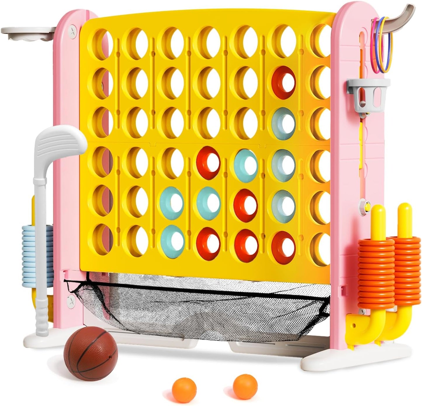 Giant 4 in a Row Connect Game with Mesh Fabric | Height Adjustable 4-in-1 Jumbo 4-to-Score Yard Game Set with Basketball, Golf & Ring Toss | Outdoor Indoor Family Yard Party Game for Kids & Adults