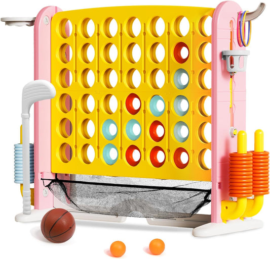 Giant 4 in a Row Connect Game with Mesh Fabric | Height Adjustable 4-in-1 Jumbo 4-to-Score Yard Game Set with Basketball, Golf & Ring Toss | Outdoor Indoor Family Yard Party Game for Kids & Adults