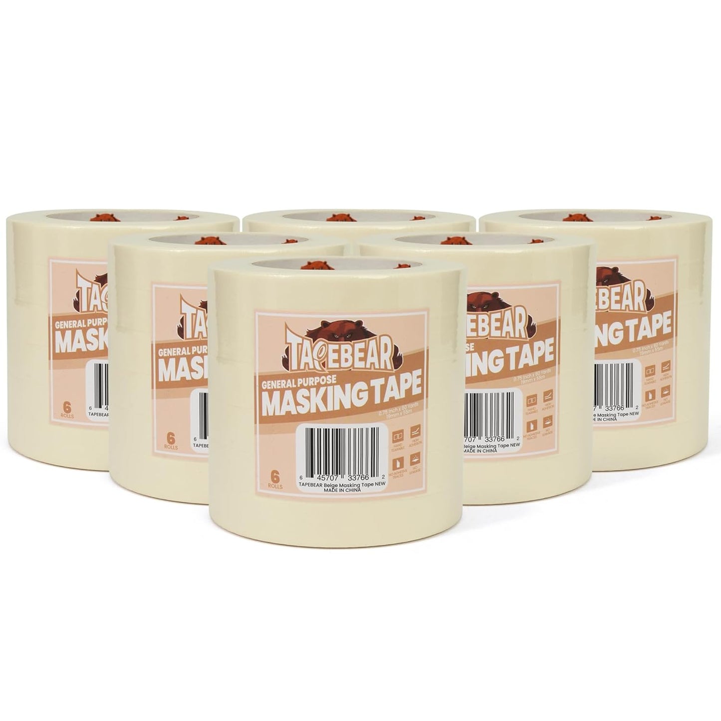 TAPEBEAR General Purpose Masking Tape 0.75 Inches x 60 Yards, Beige White Painters Tape for Painting, Labeling, DIY Arts Crafts, Home Office School Projects, 36 Rolls